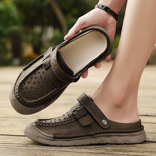 Sandals pour hommes à la mode des sports extérieurs Portez des chaussures décontractées à toe-toe 2025 Nouveaux chaussures de plage pour hommes respirants Gris [cuir microfibre A673] 39