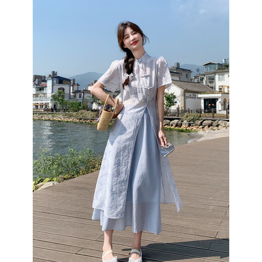 Yi Qilei [1105 Personen sammeln] Hellblau National Style Printed Dress Anzug für Sommer Frauen 2025 Neue Chinesische Version VISERUNG ZWEI SET M empfohlen, 91-105jin zu tragen [Jin ist 0,5 kg]