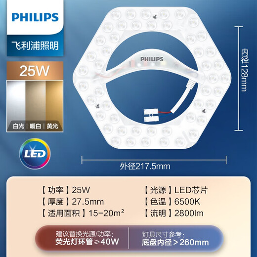 Philips (PHILIPS) LED ceiling lamp wick hexagonal strip replacement light source module hexagonal 25w three-color replacement 40w ring tube