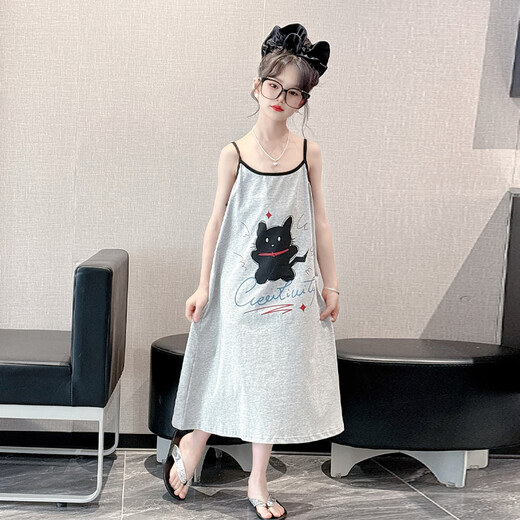 MOKITOUL女童纯棉睡裙夏季2025新款儿童女孩大童超好看家居服甜美吊带睡衣 灰色 110cm 均码