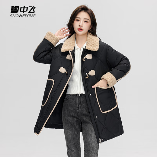 Женский пуховик «Летающий в снегу», средней длины, 2025, из овечьей шерсти с лацканами и роговыми пуговицами, модная темпераментная повседневная куртка черного цвета M