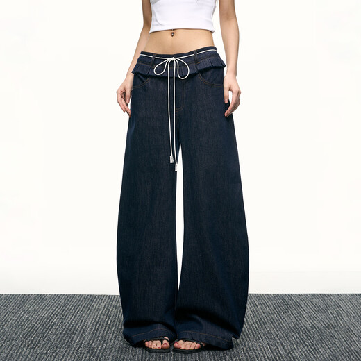 
AAISUP dark blue scimitar wide-leg jeans for women 2025 summer new loose design sense black earring straight pants dark blue S