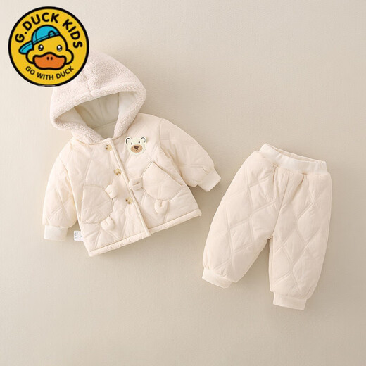 G.duck Little Yellow Duck Infant and Toddler Cotton Clothes Set Winter Bear Hooded Warm and Velvet Cotton Clothes and Pants Casual Two-piece Set Beige Hot Sale Velvet and Cotton Suit with Refund Guaranteed 100 cm