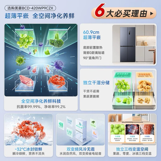 MeiLing worry-free built-in refrigerator 420 liters cross-door four-door multi-door household ultra-thin zero built-in double cycle first-level energy efficiency air-cooled frost-free state-subsidized refrigerator 420WP9CZX Mysterious Gray