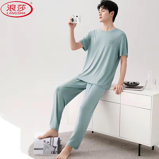 浪莎（LangSha）莫代尔棉睡衣男款年新款棉质短袖长裤简约休闲大码睡衣家居服套装 (2677)*短袖*长裤#hf7* 3XL (适合160-180斤)