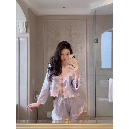 Sexy ice silk satin pajamas for women in summer 2025 new pure lace long-sleeved shorts home clothing set summer style 829# suspender S recommended 80-90Jin [Jin equals 0.5 kg]