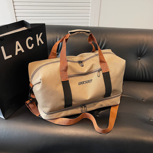 Xin Fangshuai large-capacity short-distance travel bag luggage bag portable sports fitness bag clothing storage bag can be worn cross-body trolley case khaki fitness travel bag