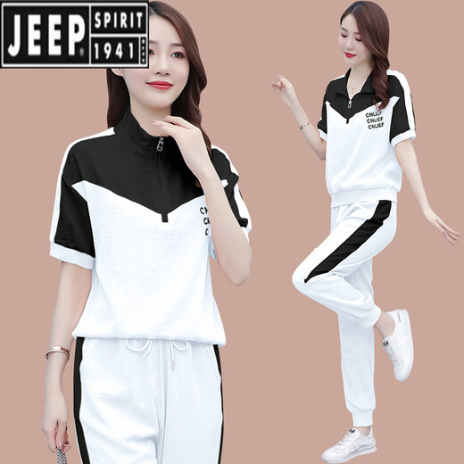 JEEP SPIRIT冰丝短袖时尚休闲运动服套装女2025夏季新款显瘦跑步服时尚两件套 【1389】黑色 M【建议100斤内】