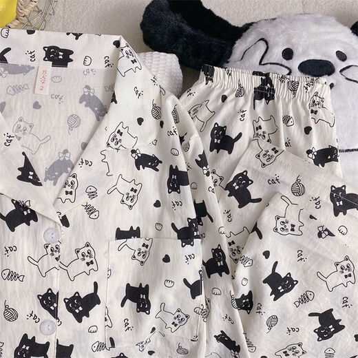 
S.SOFEA cloud cotton cat pajamas women's long-sleeved Japanese cute home clothes set 826# black and white cat 175 L