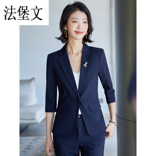 法堡文西服商务大码条纹西装外套女夏季薄款女神范套装感面试正装中袖工 9922长·袖绿色西装 S