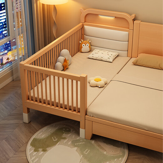 Yiqing Fangze children's spliced bed solid wood liftable crib with guardrails and widening for adults to sleep on seamlessly connected bedside bed with three side guardrails, side lifting + 5cm coconut palm mattress (recommended by the store manager), free light + SF Express 200x60cm