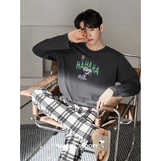Beiyan Snoopy Couple Pajamas Women's Spring and Autumn New Soft Cotton Long-Sleeved Cartoon Home Clothes Men's Outerwear Large Size Suit C20794 Men's L