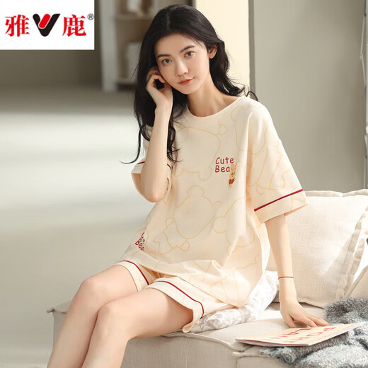 雅鹿2025年新款睡衣女夏季纯.棉短袖两件套夏天家居服 YZ9848黑条纹 M 女款 建议80-100斤