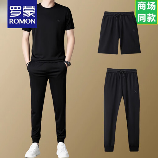 罗蒙（ROMON）短袖T恤男士圆领休闲运动透气两件套装夏季2025新款长裤套装 灰色长裤套装13601 M 165