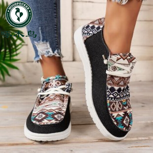Woodpecker 2025 summer new canvas shoes lace-up loafers women's shoes versatile flat casual shoes mother shoes single shoes women's shoes black 37