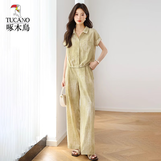 Woodpecker's new summer fashion short-sleeved shirt wide-leg pants two-piece set pink [set] M [Suggested 95-105Jin [Jin equals 0.5 kg]]