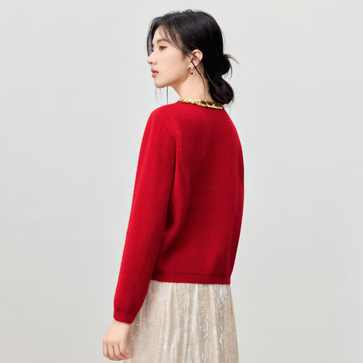 Shandubila New Year Red Round Neck Cardigan Sweater Women's Winter Elegant Long Sleeve Stretch Thick Warm Sweater Age Reduction Top