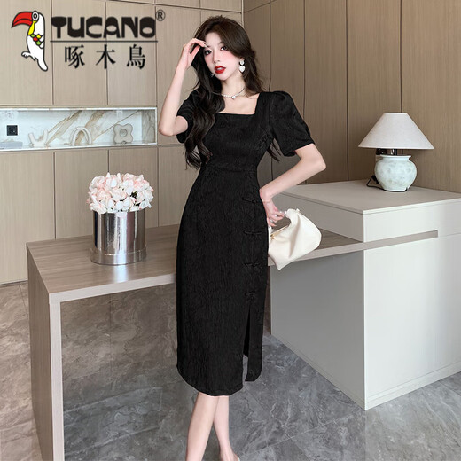 Peíaco carpintero Nuevo chino mejorado Cheongsam Skirt para mujeres Patch-botón Button Jacquard Summer Sumlar Square Puff manga Slit Falda de cadera 983-2 Rosa de cuero largo S