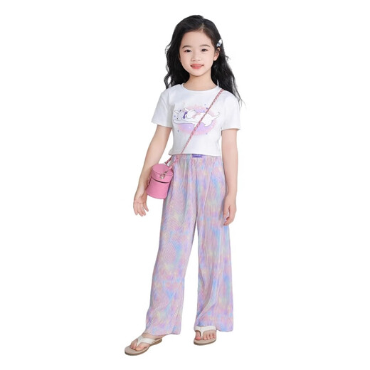 Pantalones casuales de seda de verano de lunarkids chicas pantalones casuales de seda de seda 2025 Summer nuevos niños de manga corta para niños