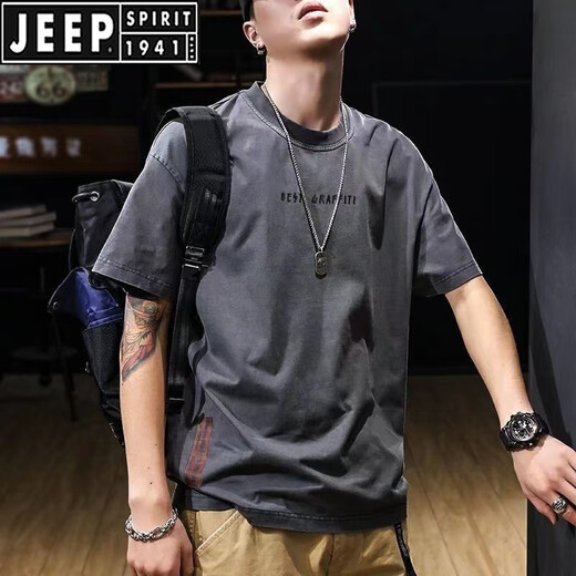 JEEP SPIRIT男装春夏季宽松纯棉T恤百搭男士夏天透气圆领短袖简约上衣服T 白色#1365【短袖-纯棉】 S 【建议90-115斤】