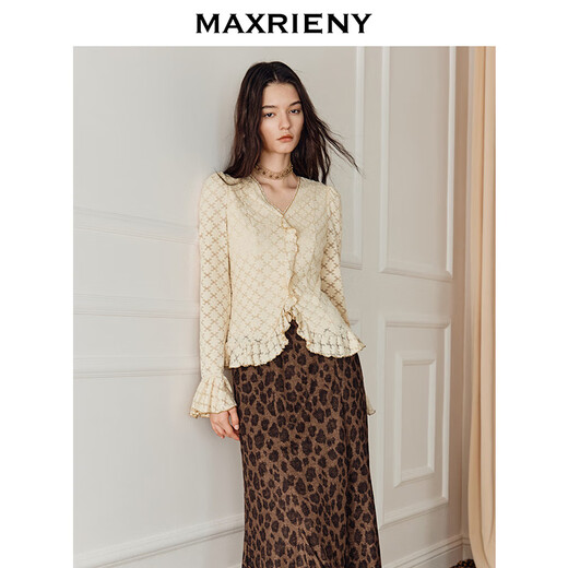 MAXRIENY Shopping mall same style French retro knitted lace shirt women's 25 winter slim long-sleeved top cream S