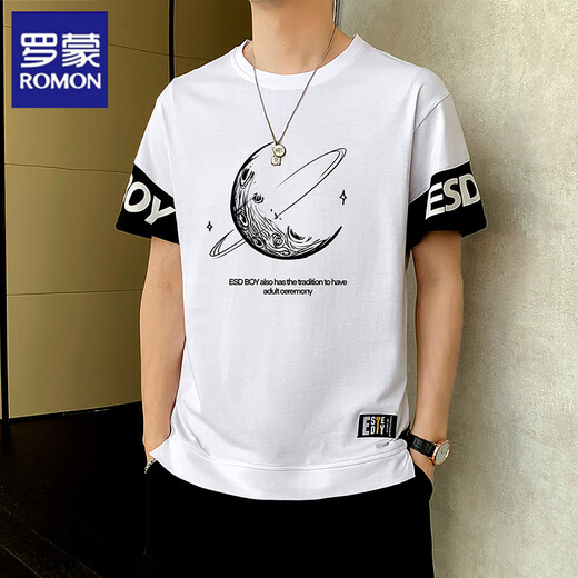 Romon Pure Cotton Kurzärärmelte T-Shirt Herren Sommermodemarke Dünne runde Nacken halbärmeligte T-Shirt für Jugendliche Trendy Fake Zwei-teilige Top 9196 Black M (ca. 85 ~ 105 Jin [Jin entspricht 0,5 kg] kann getragen werden)
