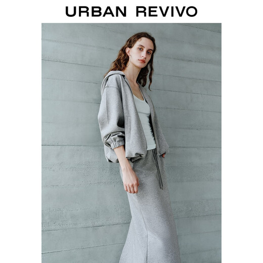 UR2025 autumn new women's clothing simple casual hooded drawstring zipper jacket UWH150051 flower gray S