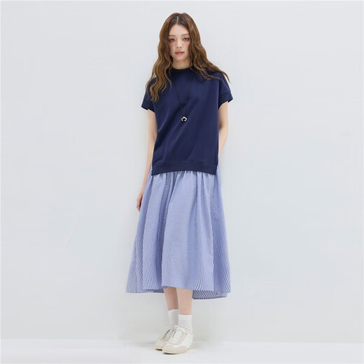 
Giordano designer fake two-piece dress for women spliced striped round neck short-sleeved skirt for women 18465213