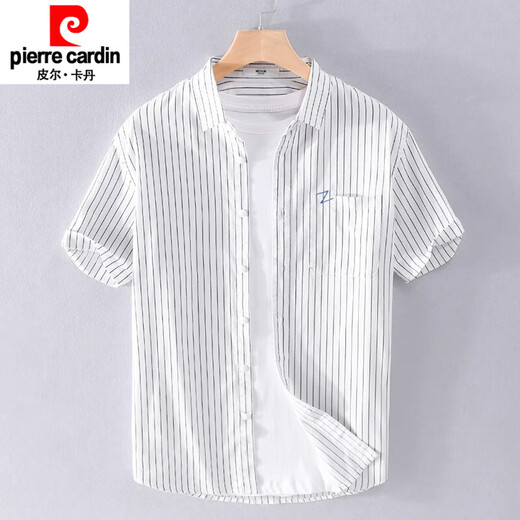 Pierre cardin men's striped short-sleeved shirt summer loose thin clothes cotton embroidered casual versatile shirt summer clothing new product 9738 black stripes M 100Jin [Jin equals 0.5 kg]