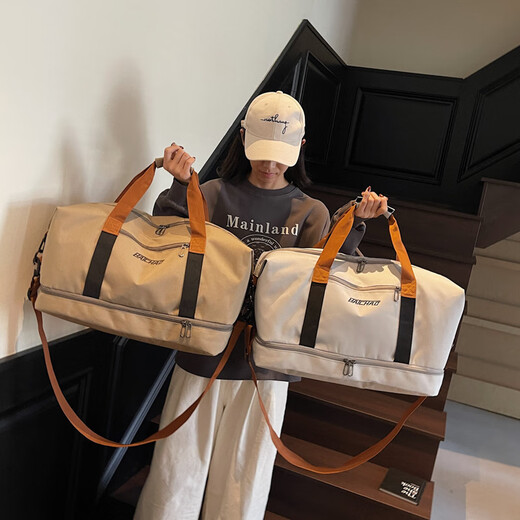 Xin Fangshuai large-capacity short-distance travel bag luggage bag portable sports fitness bag clothing storage bag can be worn cross-body trolley case khaki fitness travel bag