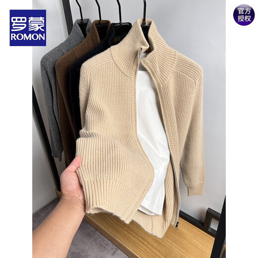 ROMON double zipper turtleneck cardigan men's sweater autumn and winter thick sweater jacket men's solid color thick sweater men's black XL 175