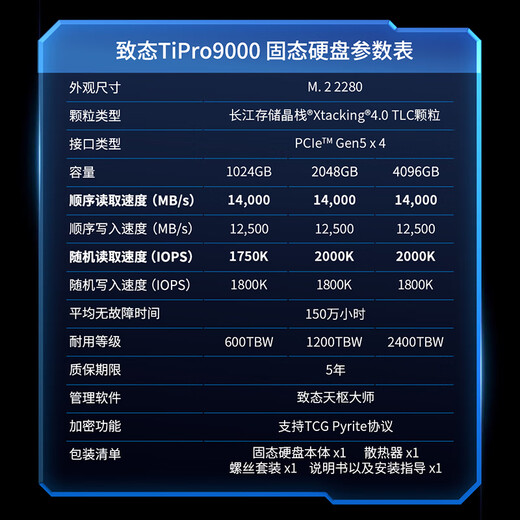 致态（ZhiTai）长江存储 4TB SSD固态硬盘 NVMe M.2接口 TiPro9000 系列 (PCIe 5.0 产品) 附赠散热器