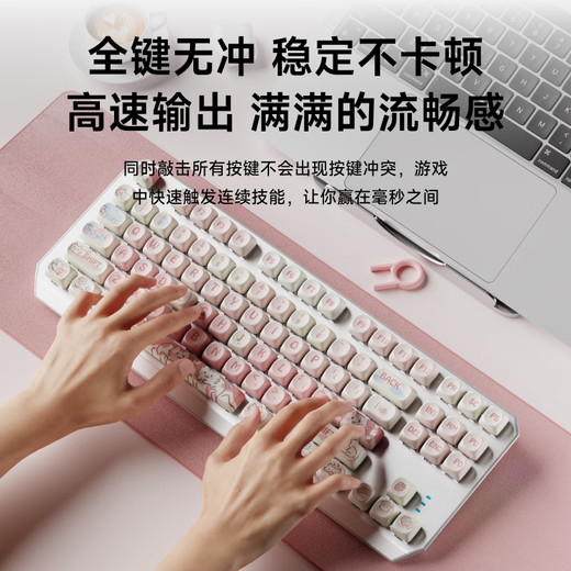 Forward Strawberry Kitten Wireless Bluetooth Three-Mode Mechanical Keyboard for Girls High-Precision Cute 87-key White Light Computer Laptop Office Game E-Sports Peripheral Universal 87-key White Kitten Theme [White Light] Wired Model Green Axis [Crispy Sound]