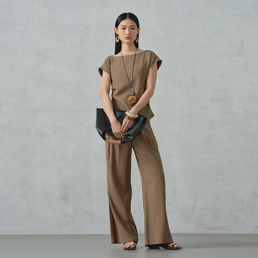 阿依莲【商场同款】气质休闲套装裤女夏季2025新款两件套短袖T恤阔腿裤 奶茶咖 S