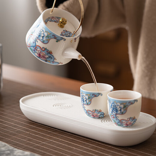 Pupan three-piece tea making set enamel colored filigree silver household tea set household one pot two cups dry tea tray small filigree silver peony - handle teapot small set one pot two