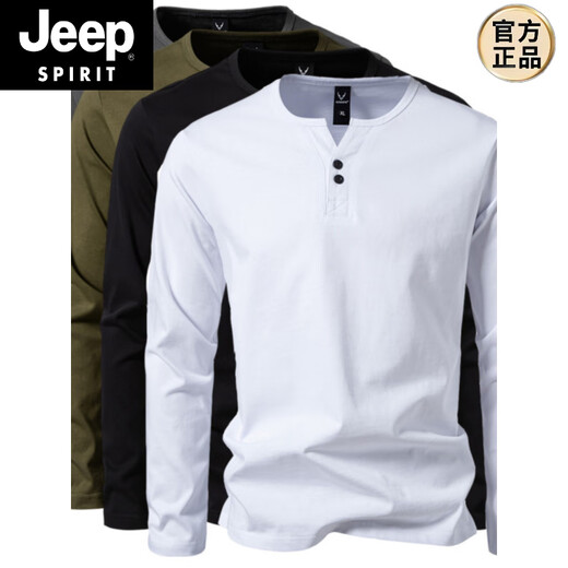 JEEP SPIRIT 300g heavy cotton large size slim henley collar long-sleeved T-shirt men's spring and autumn solid color sports fitness T-shirt military green L