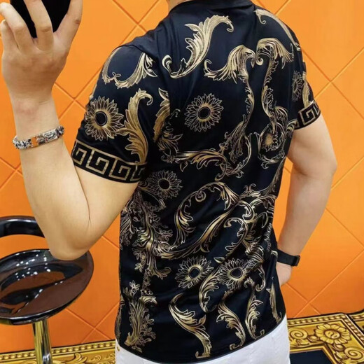 
YOUNG VERSACE new style 3883 summer light luxury European fashion men's beauty head iron diamond gold short-sleeved T-shirt trendy casual black European short-sleeved L (100-120Jin[Jin equals 0.5 kg])
