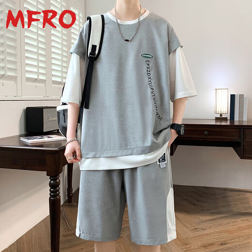 MFRO假两件t恤男夏季套装新款美式宽松休闲短裤两件套圆领百搭短袖男 686白色套装 M 约90~115斤可穿