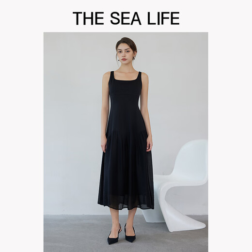 THE SEA LIFE【莱赛尔】连衣裙女欧海一生 气质方领连衣裙25夏吊带裙200071 黑法师 M