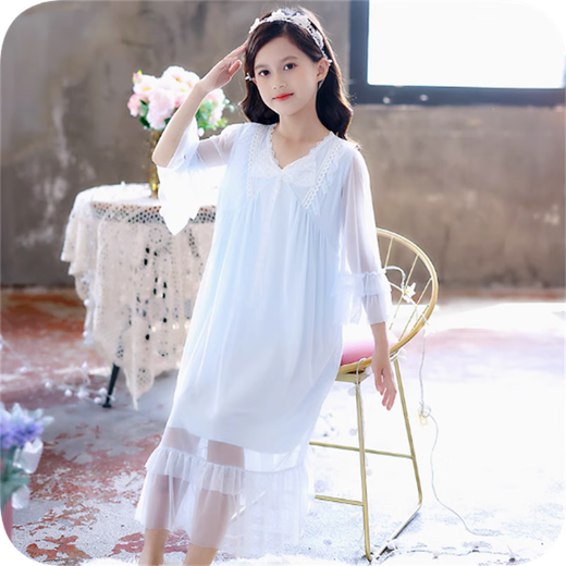 G.duck little yellow duck girls pajamas summer children thin short-sleeved lace modal nightgown little girl palace style parent-child JY1477 pink long sleeve 120