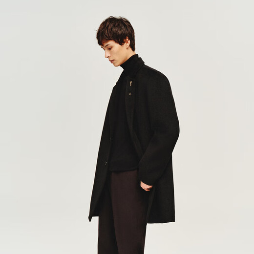 Peacebird Men's Wool Jacket Casual Cashmere Lapel Winter Medium-Length Woolen Coat Men Black 1 (Combined) 3XL