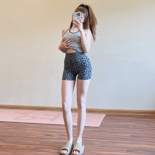 Ttpmer Shorts de yoga europeos y americanos para mujeres en el sumerino del durazno de los duraznos Ejercicio Úselo Usar alta cintura con alta cintura Pantalones de fitness de estampado de leopardo de tres puntos A azul oscuro S
