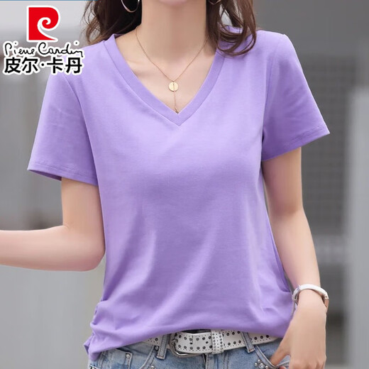 皮尔卡丹（pierre cardin）薄款休闲纯棉v领正肩短袖T恤女夏季韩版新款时尚运动气质T恤衫潮 气质紫(纯棉9854款) S 85-95斤
