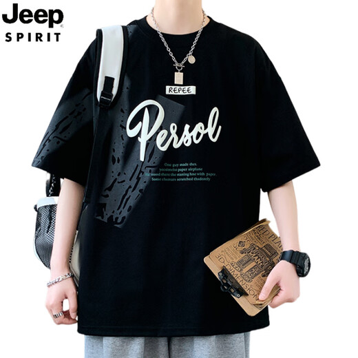 
JEEP SPIRIT Jeep Short Sleeve Men's Summer Letter Print Round Neck Half Sleeve T-shirt American Casual Men's Rotary Sleeve Loose T-shirt 693 Beige M About 80-100Jin [Jin equals 0.5 kg] Can be worn