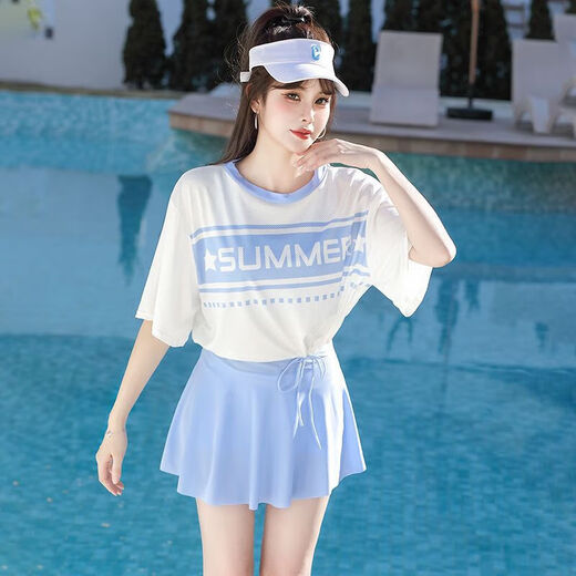 Lugeli swimsuit women's split three-piece set for seaside swimming, diving, vacation, loose large size, covering the flesh, conservative slimming swimsuit, hot spring, blue three-piece set, one size fits all, 80-120Jin Jin is equal to 0.5 kg