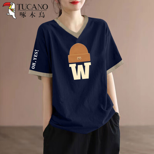 啄木鸟时尚拼色v领短袖t恤女纯棉百搭2025夏季新款大码宽松显瘦遮肚上衣 轻薄藏青色-HG方框薄 L 建议90-110斤