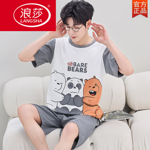 Langsha Summer Pyjamas Herren Kurzarm Pure Cotton Dünn-Set Lose große Schüler der Junior High School Full Cotton Home Anzug Q Short 1390 Gradient Bear Men l Standard Edition [90-120jin [Jin gleich 0,5 kg]]