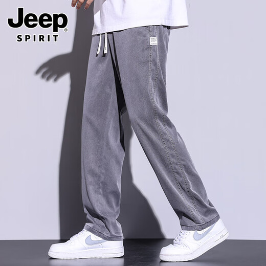 吉普（JEEP）天丝牛仔裤男士夏季冰丝薄款柔软垂感弹力松紧腰宽松直筒休闲长裤 1048/深灰色 M (建议体重 90-115 斤)
