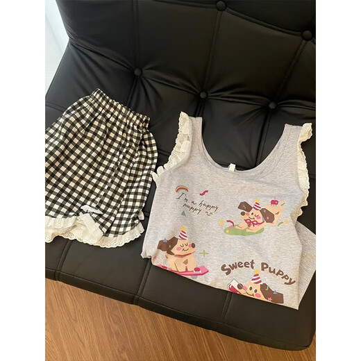 缪黛腊肠狗睡衣女夏季莫代尔无袖性感吊带背心带胸垫夏天家居服两件套 腊肠狗 M