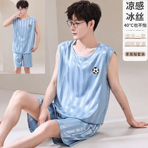Winter fog ice silk pajamas men's summer thin loose vest shorts suit summer new casual large size home suit men's ice silk men 9901 royal blue [Vest suit] M (80-100Jin [Jin equals 0.5 kg])